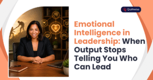 Professional business leader demonstrating emotional intelligence in leadership, with visual symbols of empathy, trust, self-awareness, and teamwork in a modern office setting.