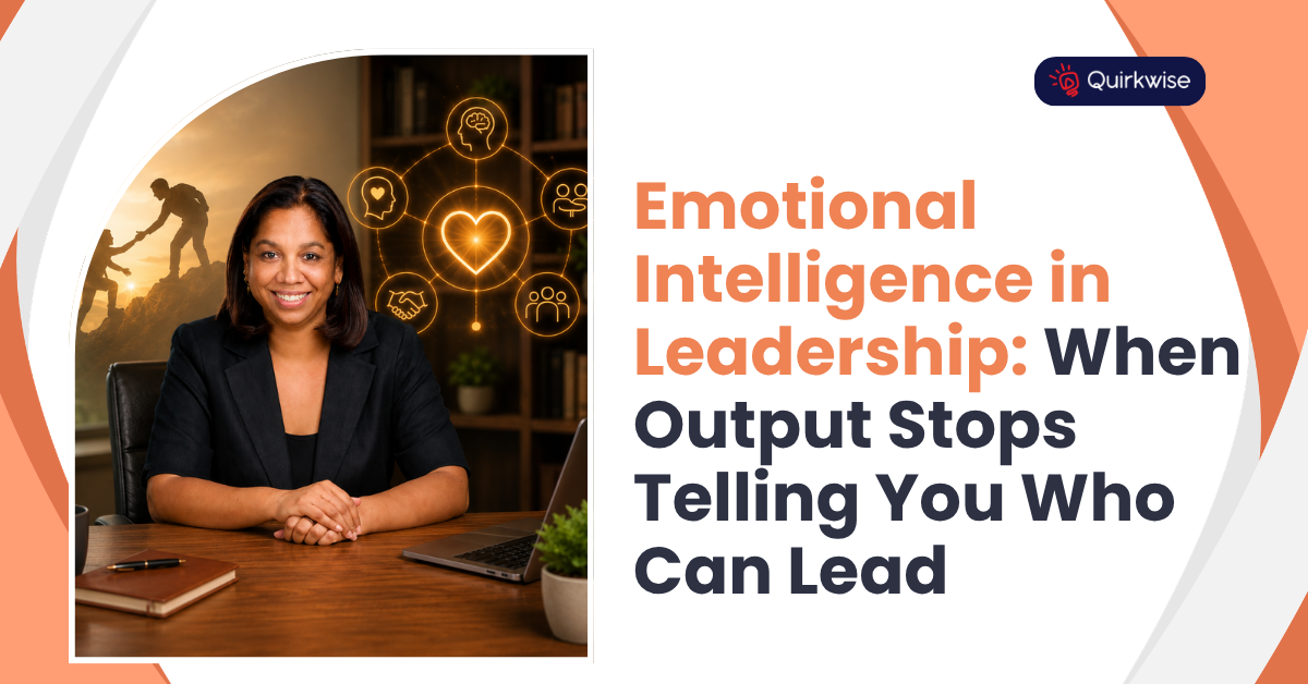 Professional business leader demonstrating emotional intelligence in leadership, with visual symbols of empathy, trust, self-awareness, and teamwork in a modern office setting.